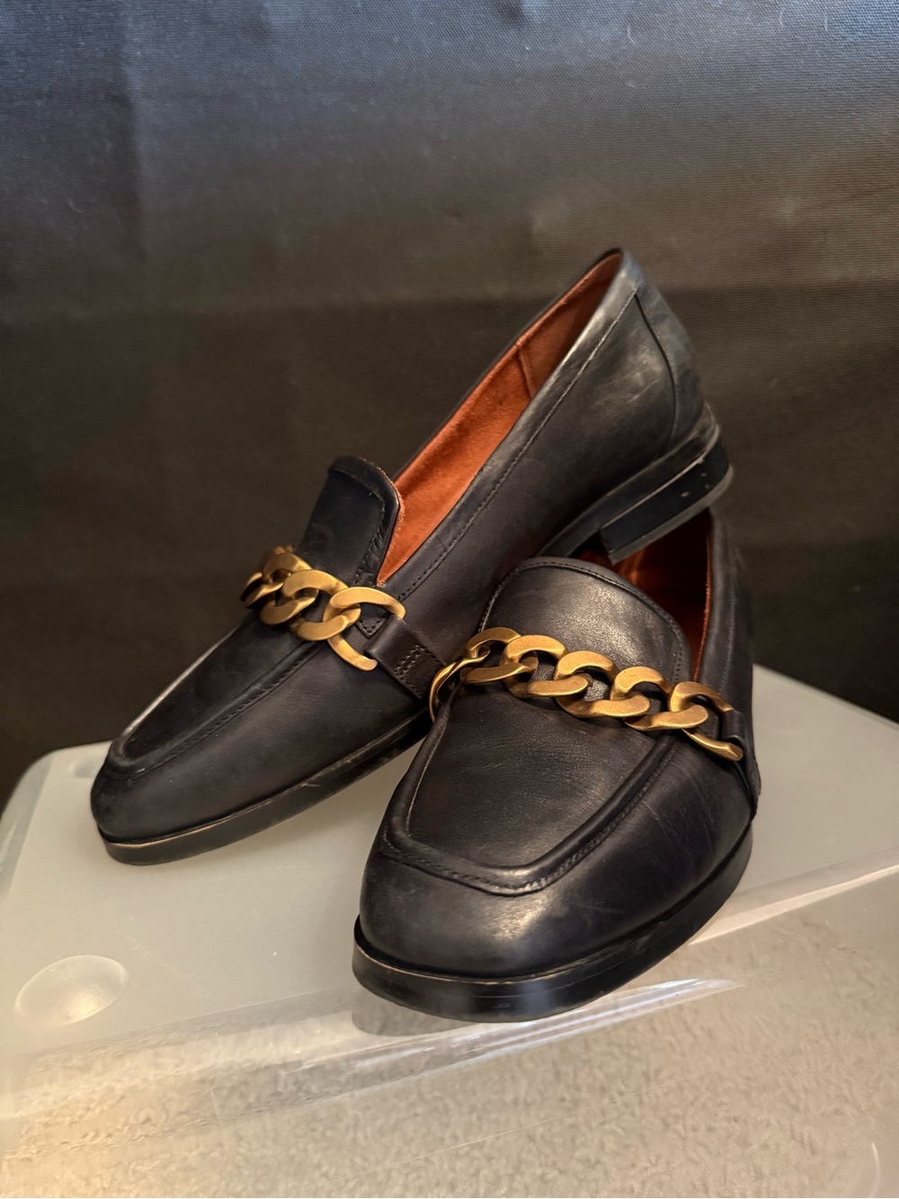 Vionic Mizelle Black Leather Bronze Tone Chain Loafers